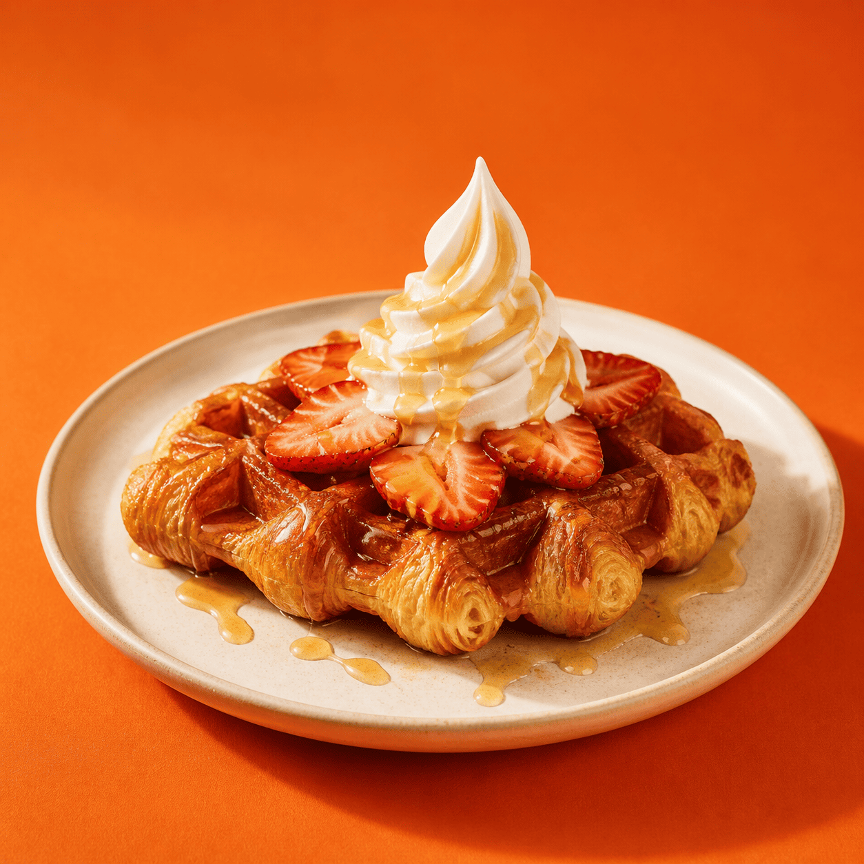 Strawberry soft serve croffle with an iced Croffee